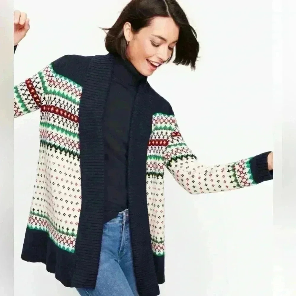 Talbots Navy Blue Fair Isle Shawl Collar Open Front Cardigan Sweater Sz P/MEDIUM